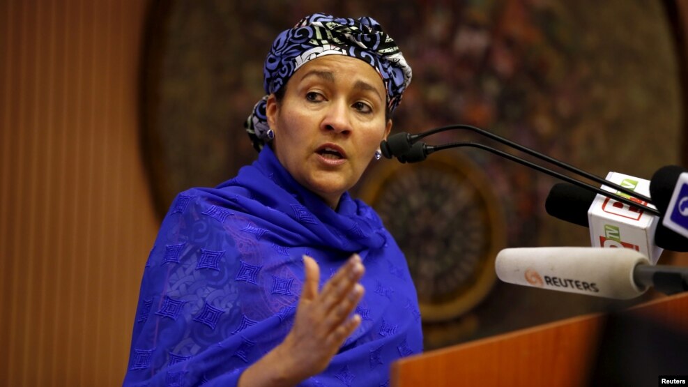 Minister of Environment Amina Mohammed speaks at the opening session of a Public Lecture on Nigeria and the commonwealth of Nations in Abuja, Nigeria, Feb. 18, 2016.