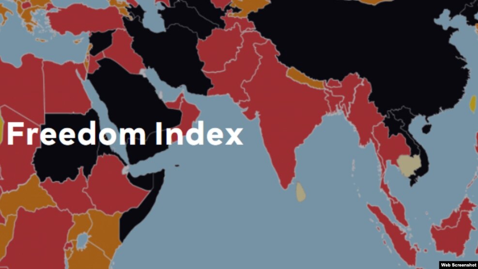 Bản đồ màu đen của Việt Nam trong bảng xếp hạng Chỉ số Tự do Báo chí Thế giới của tổ chức Phóng viên Không Biên giới năm 2016. Việt Nam đứng thứ 175/180 nước.