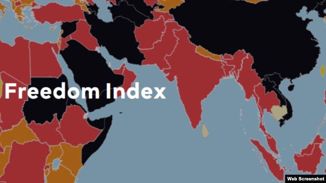 Bản đồ màu đen của Việt Nam trong bảng xếp hạng Chỉ số Tự do Báo chí Thế giới của tổ chức Phóng viên Không Biên giới năm 2016. Việt Nam đứng thứ 175/180 nước.
