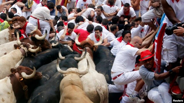 Những người tham dự cố chạy thoát bò húc tại lễ hội San Fermin ở Pamplona, 13/7/2013