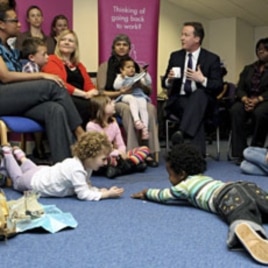 One month before becoming prime minister, Britain's Conservative Party leader David Cameron David Cameron (C) visits the Women Like Us agency in London, which supports mothers looking for flexible work and businesses seeking part-time staff, April 14, 201