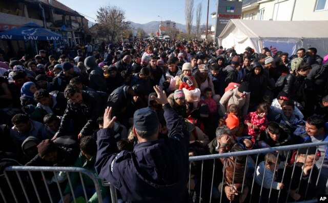 Serbian police officer attempt to organize migrants queuing to get registered at a refugee center in the southern Serbian town of Presevo, Nov. 16, 2015.