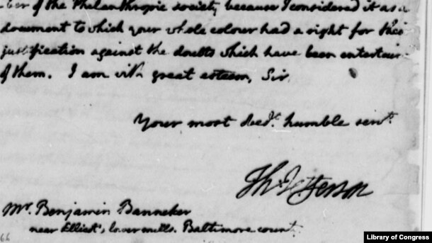 Thomas Jefferson's letter to Benjamin Banneker, August 30, 1791, from the U.S. Library of Congress collection.