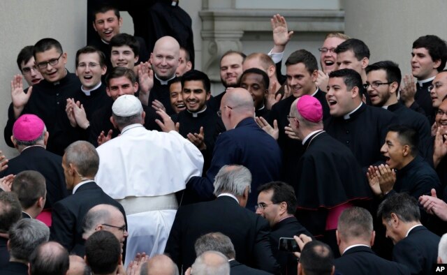 Pope Francis greets seminarians as he arrives at St. Charles Borromeo Seminary in Wynnewood, Pa., Sept. 26, 2015.