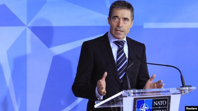 NATO Secretary-General Anders Fogh Rasmussen holds a news conference ahead a two-day NATO foreign ministers at the Alliance's headquarters in Brussels, December 4, 2012.