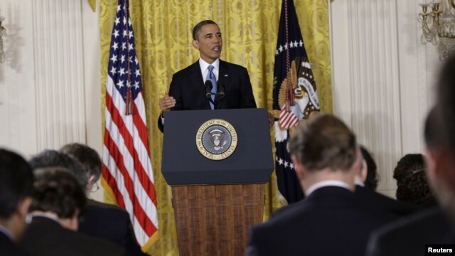 Presiden AS Barack Obama memberikan konferensi pers di Gedung Putih hari Senin (14/1).