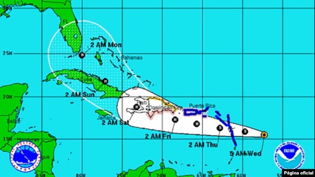 Trayectoria prevista de la tormenta tropical Isaac, que podría convertirse en huracán este jueves.