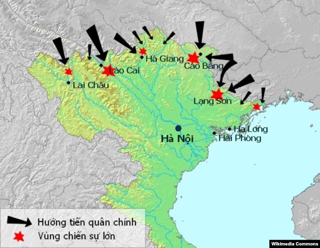 Các hướng tiến quân và vùng chiến sự chính trong cuộc chiến biên giới Việt - Trung 1979 (Ảnh: Wikipedia)