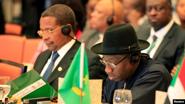 Tổng thống Nigeria Goodluck Jonathan (phải) và Tổng thống Tanzania Jakaya Mrisho Kikwete tại lễ kỷ niệm 50 năm thành lập Liên hiệp Phi châu ở thủ đô Addis Ababa của Ethiopia, ngày 25/5/2013.