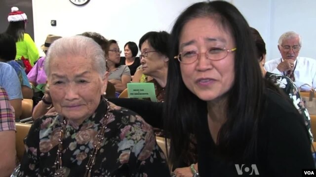 Ching Fen Wang, 95, and her daughter at a Senior Center talent show in Los Angeles.