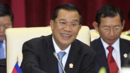 Cambodian Prime Minister Hun Sen spoke to the lower house of parliament in a nationally televised speech Thursday, Aug. 9, 2012, that was mandatory viewing for civil servants.