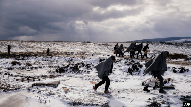 Migrants and refugees use their sleeping blankets to keep warm as they walk along snow covered fields after crossing the Macedonian border into Serbia, near the village of Miratovac, on January 18, 2016.