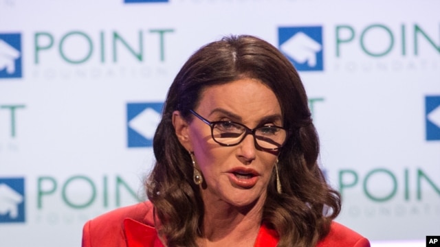 FILE - Caitlyn Jenner speaks on stage during the Voices on Point Gala at the Hyatt Regency Century City.