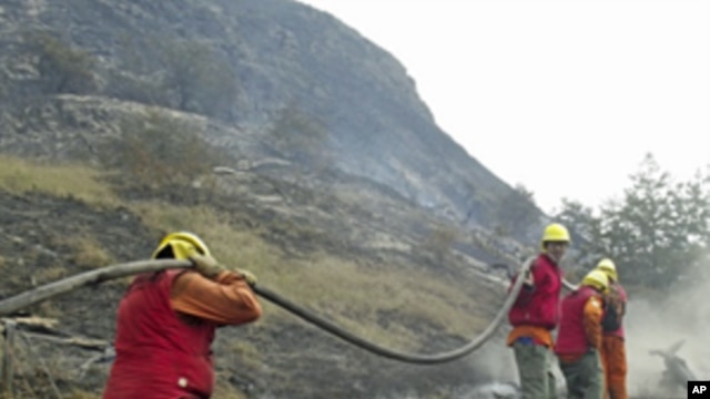 Firefighters fight a massive forest fire in Torres de Paine National Park, Chile,  Dec. 30, 2011