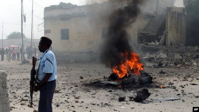 A Somali government policeman stands by a still burning car shortly after it exploded in Somalia's capital, Mogadishu, December 6, 2011.