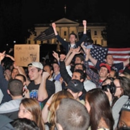 A crowd of mostly young Americans have gathered in front of the White House after President Obama's announcement of the death of Osama bin Laden, at 2:00am on Monday, May 02, 2011