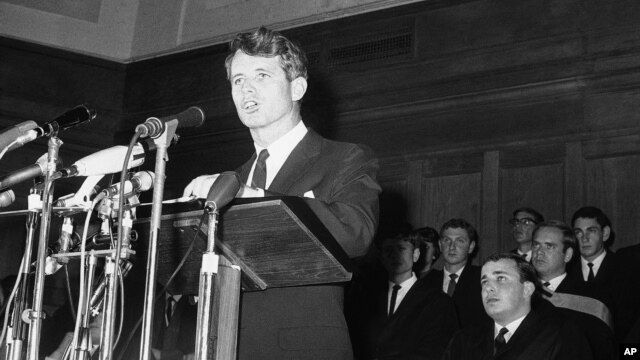 FILE - In this June 6, 1966, file photo, U.S. Senator Robert F. Kennedy, addresses students at Cape Town University, South Africa. In 1966 Kennedy traveled to apartheid South Africa to speak about equality and the rule of law.