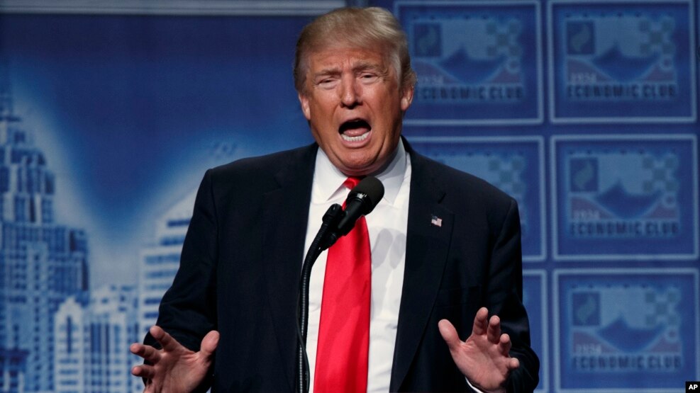 Republican presidential candidate Donald Trump delivers an economic policy speech to the Detroit Economic Club, Monday, Aug. 8, 2016, in Detroit. (AP Photo/Evan Vucci)