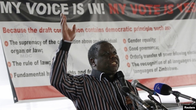 Zimbabwe's Movement for Democratic Change leader and Prime Minister Morgan Tsvangirai speaks in support for the country's draft constitution in Harare, September 8, 2012. 