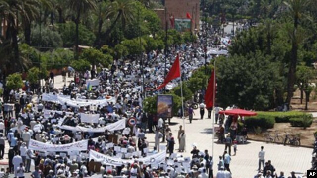 A rally organized by the 20th February, the Moroccan Arab Spring movement in Marrakech, Morocco, Sunday May 8, 2011, to protest against the terrorism following the bomb explosion in Marrakech last week