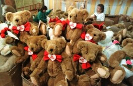 Valentine teddy bears await final preparation and shipping at the Vermont Teddy Bear Co. in Shelburne, Vermont