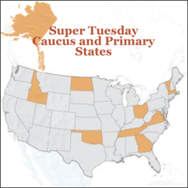 U.S. states participating in Super Tuesday primaries include Vermont , Virginia, Oklahoma, Tennessee, Ohio, Oklahoma, North Dakota, Alaska, Massachusetts, Georgia and Idaho