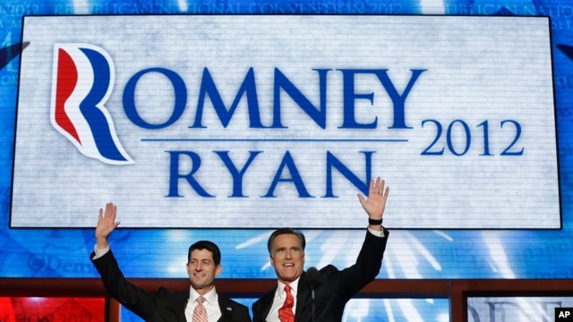 Republican presidential nominee Mitt Romney and vice presidential nominee Paul Ryan wave to delegates after speaking at the Republican National Convention in Tampa, Florida, August 30, 2012.