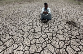 An Egyptian farmer squats down on cracked soil to show the dryness of the land due to drought in a farm formerly irrigated by the river Nile, in Al-Dakahlya, about 120 km from Cairo, June 4, 2013.