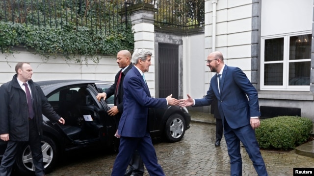 U.S Secretary of State John Kerry meets Belgian Prime Minister Charles Michel in Brussels, Belgium, March 25, 2016.   