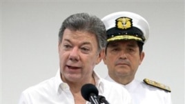 Colombia's President Juan Manuel Santos talks to the media about the remains of the Spanish Galleon San Jose.