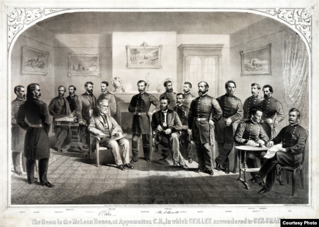 Nghi thức đầu hàng của Tướng Robert E. Lee (ngồi bên trái) tại Appomatox Court House Virginia, ngày 9-4-1865 (hình của The Major)