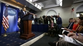 President Barack Obama speaks in the White House Briefing Room in President Barack Obama speaks preparations for Hurricane Sandy, in the White House Briefing Room in Washington, October 29, 2012.