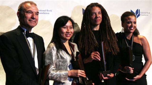 Award winners, from left, Stephen Greenblatt for nonfiction, Thanhha Lai for young people's literature, Nikky Finney for poetry and Jesmyn Ward for fiction