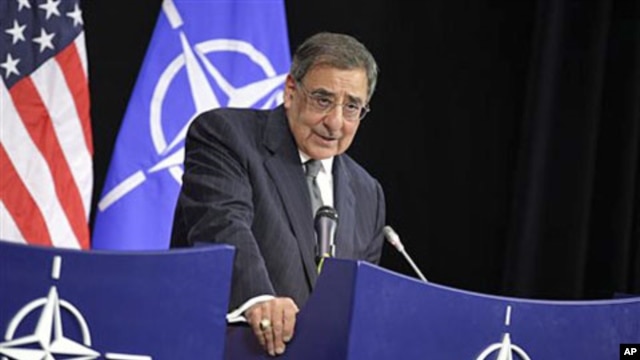 United States Secretary of Defense Leon Panetta speaks during a media conference at NATO headquarters in Brussels, April 18, 2012.
