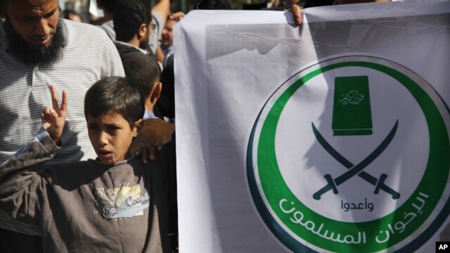An Egyptian boy holds a banner with Arabic that reads, "Muslim Brotherhood," in Cairo, Egypt, Nov. 15, 2012.