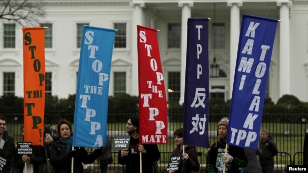 Những người phản đối Hiệp định Hợp tác Xuyên Thái Bình Dương (TPP) biểu tình bên ngoài Toà Bạch Ốc ở Washington, ngày 3/2/2016.