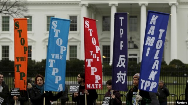 Những người phản đối hiệp định TPP biểu tình bên ngoài Tòa Bạch Ốc ở Washington, ngày 3/2/2016.