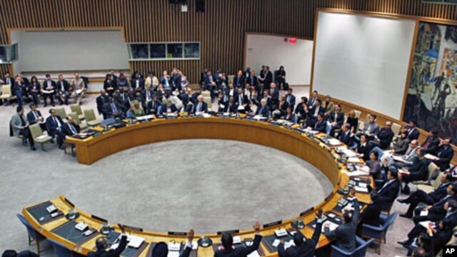 United Nations Security Council diplomats vote on a resolution during a meeting on Libya at UN headquarters in New York, February 26, 2011