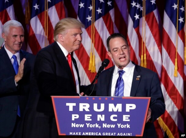 FILE - In this Nov. 9, 2016, file photo, President-elect Donald Trump, left, stands with Republican National Committee Chairman Reince Priebus during an election night rally in New York.