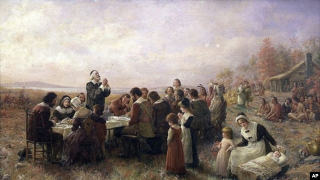 'The First Thanksgiving at Plymouth' (Jennie A. Brownscombe, 1914) shows well-dressed, prayerful Pilgrims and Indians, a depiction experts say is far from accurate.