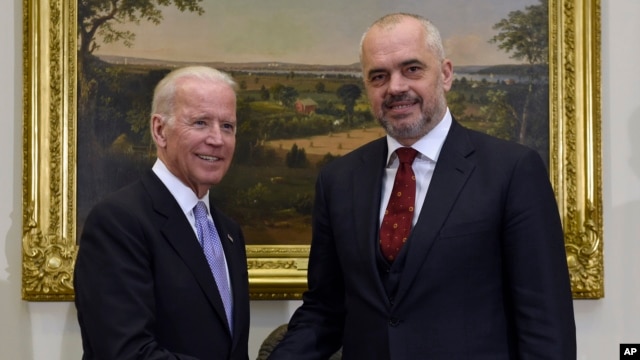 Vice President Joe Biden shakes hands with Albanian Prime Minister Edi Rama in the Roosevelt Room of the White House in Washington, April 14, 2016.