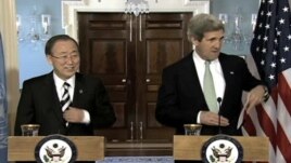 U.S. Secretary of State John Kerry (r), and UN Secretary General Ban Ki-moon, at joint news conference in Washingtom, Feb 14, 2013.