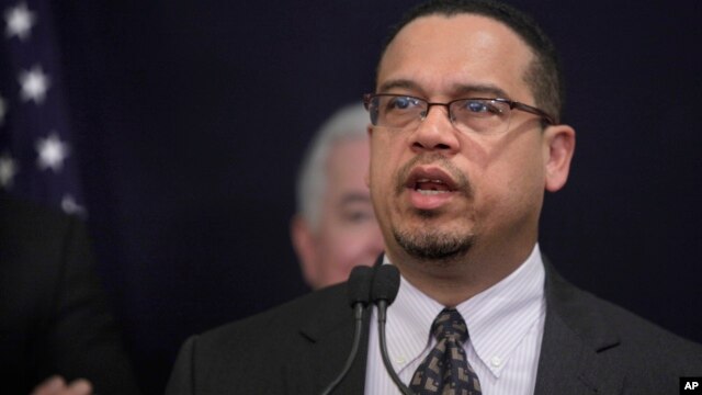 U.S. Rep. Keith Ellison, the first Muslim elected to congress, (D-MN), talks during a press conference in Cairo, Egypt, March 15, 2012.