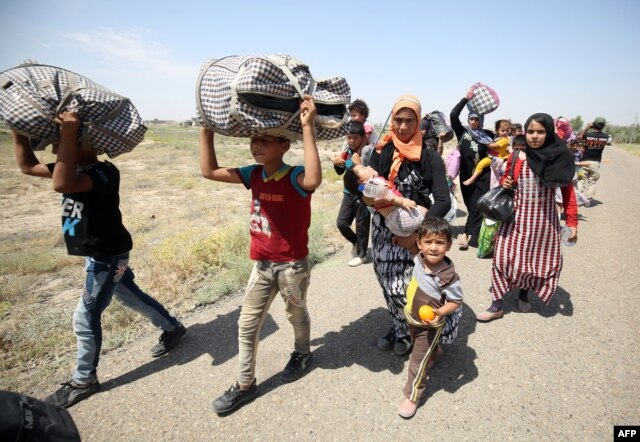 Iraqi families are seen near al-Sejar village in Anbar province, after fleeing the city of Fallujah, May 27, 2016, during a major operation by pro-government forces to retake the city from the Islamic State (IS) group.