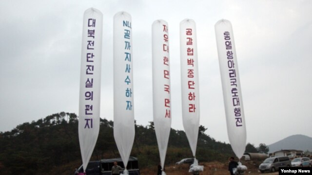 지난달 25일 한국 김포시 야산에서 대북 전단 20만장을 띄워보낸 탈북자 단체 소속 회원들.