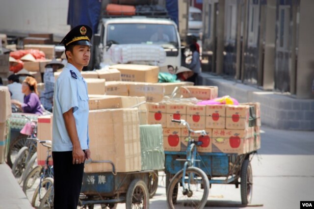 Nhân viên hải quan Việt Nam đứng cạnh hàng hóa của Trung Quốc tại cửa khẩu Tân Thanh, Lạng Sơn. (D. Schearf/VOA)