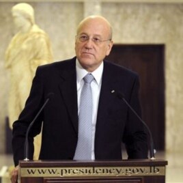 Lebanese Prime Minister designate Najib Mikati speaks during a press conference at the presidential palace in Baabda, east of Beirut, Lebanon, Jan. 25, 2011