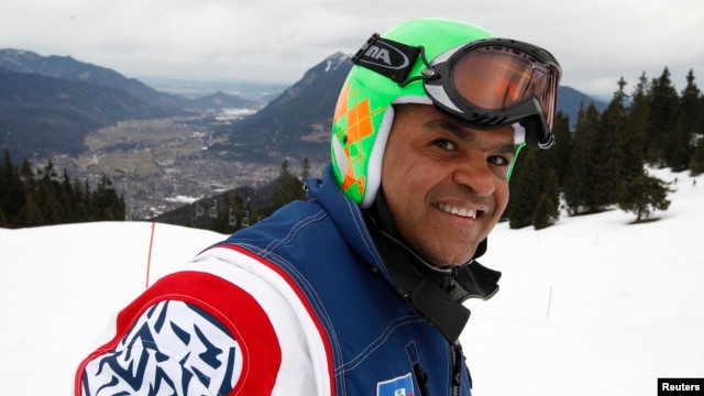 Haitian skier Jean-Pierre Roy smiles as he poses during a training session at the World Alpine skiing Championships in Garmisch Partenkirchen Feb. 11, 2011.