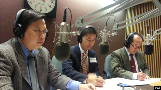 Tung Yap, center, a civil engineer and head of Cambodian Americans for Human Rights and Democracy and Schanly Kuch, right, works at the Education Department in Maryland on “Hello VOA” Thursday.