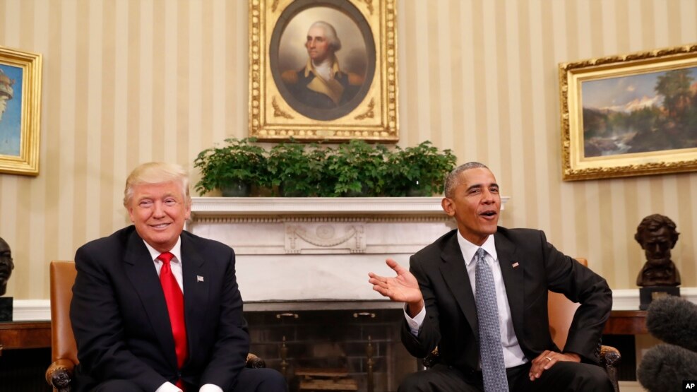 在撕裂式的選戰之後,奧巴馬總統與當選總統川普在白宮友好會面。兩人對TPP的立場截然不同（2016年11月10日）